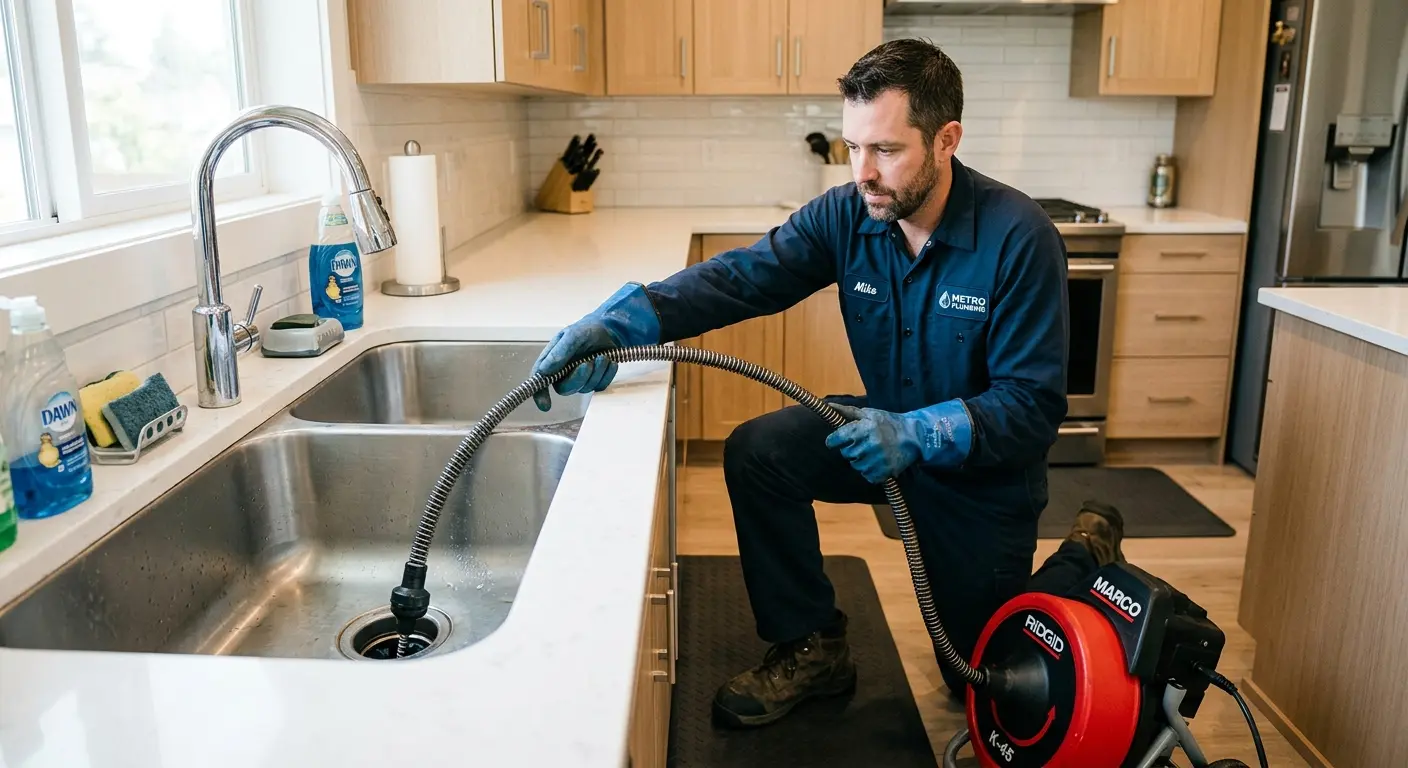 Drain cleaning technician using a motorized snake on a kitchen sink in Wauconda