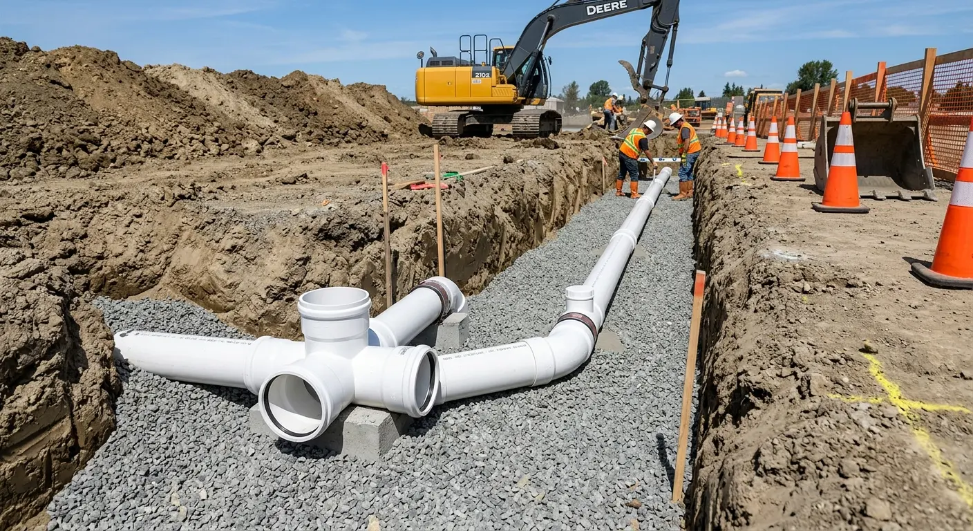 New PVC sewer pipe installation in open trench for Sewer Backup in Wauconda